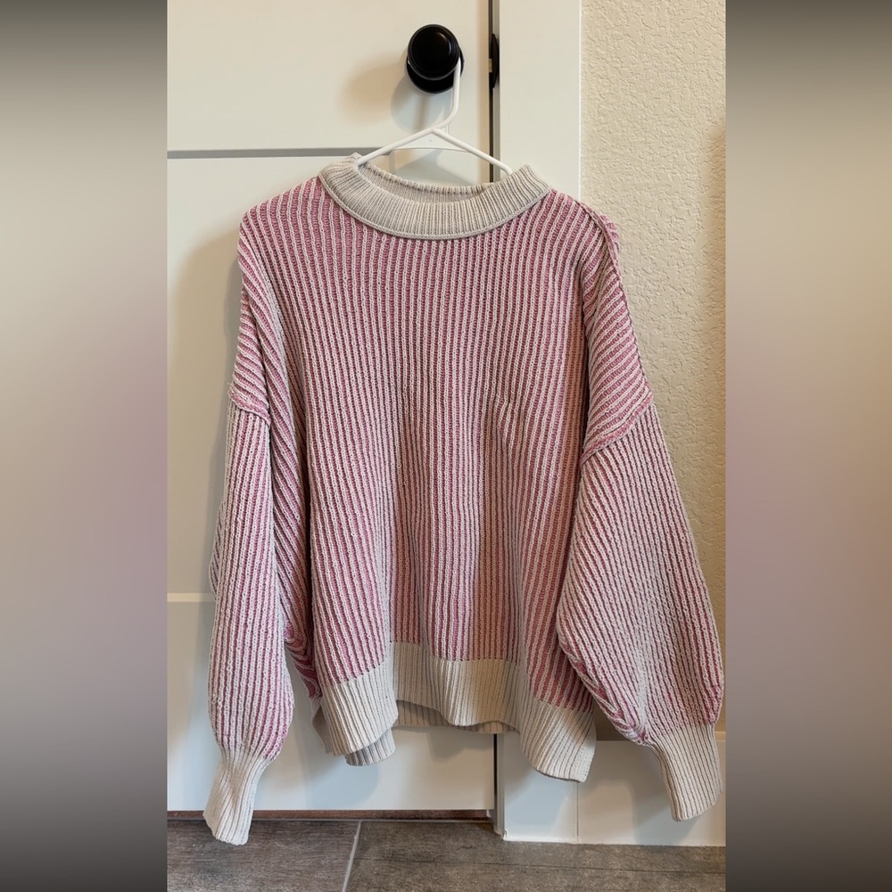 Aerie Pink and White Cowl Neck Sweater